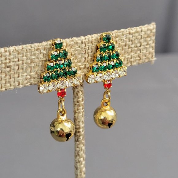 Womens Clip On Earrings Crystal Christmas Trees Gold Tone Accents Green Red 1 in - Picture 3 of 6